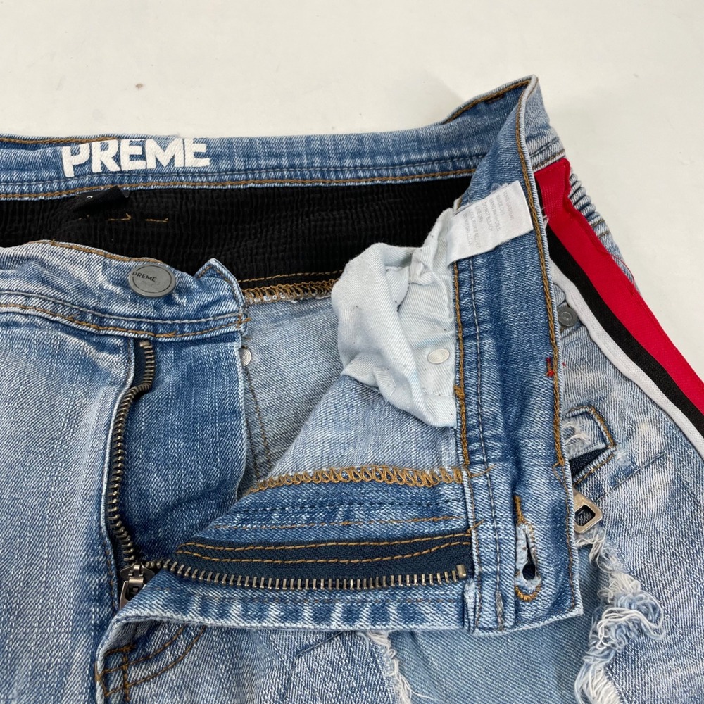 Preme Mens 34x32 Moto Biker Jeans Distressed Light Wash Side Stripe Slim Fit - Picture 7 of 10